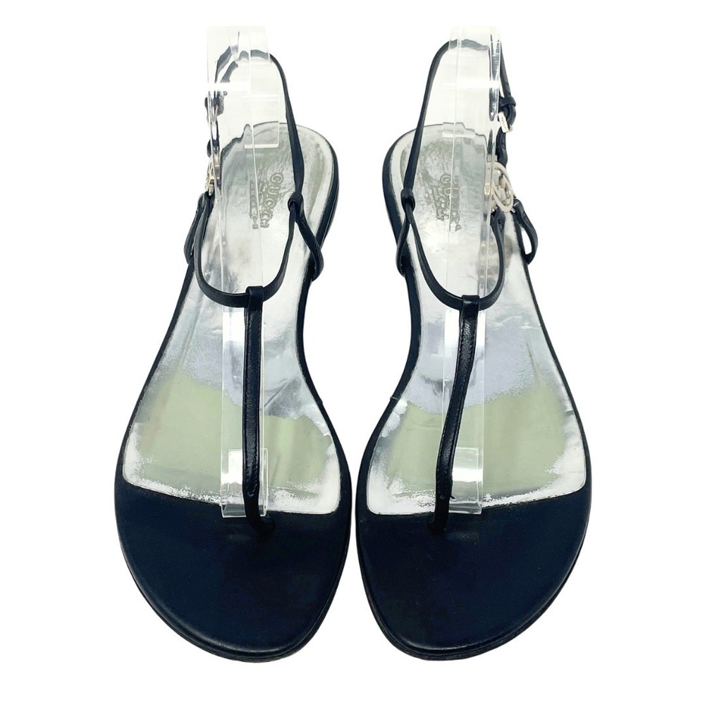 Gucci Thong Sandals Interlocking GG Logo White Gold Black Leather Flats 37.5 - Picture 4 of 11